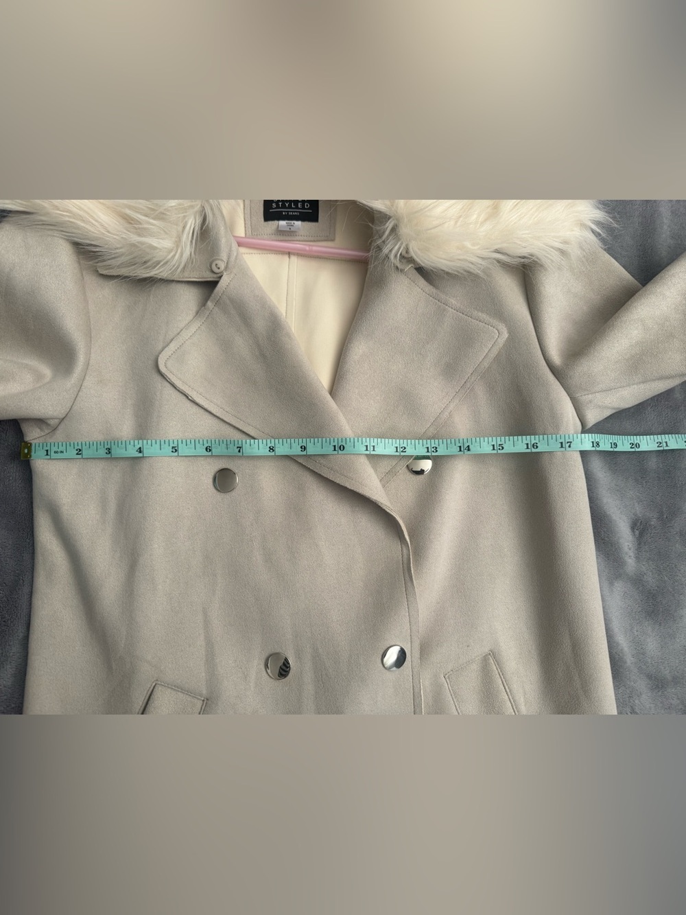 Simply Styled by Sears Faux Suede Faux Fur Collar Peacoat light grey Size S - Picture 10 of 11